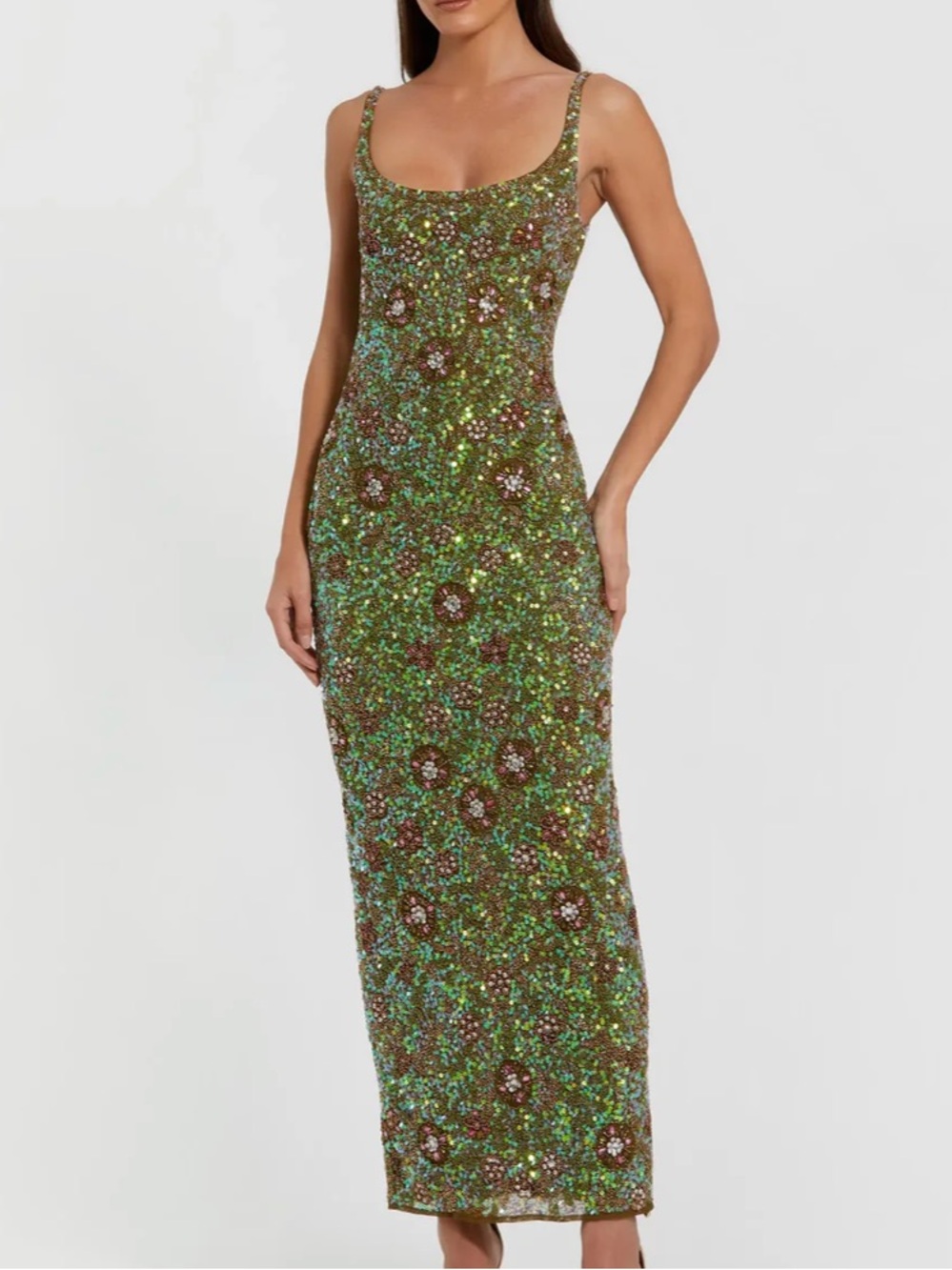 ISO Mac Duggal Green Hand Embellished Floral Maxi Dress